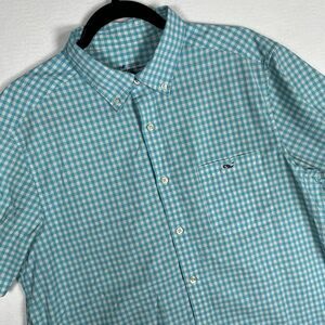 Vineyard Vines On-The-Go Shirt Men Large L Blue Gingham Performance SS Button Up